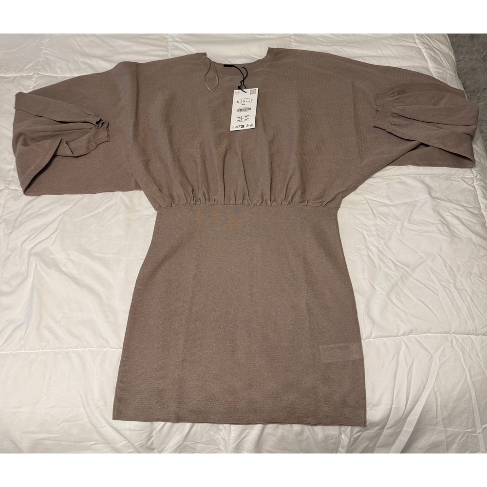 Zara Knit Batwing Sleeve Mini Dress Taupe Brown Elastic Waist NWT Art 5755/017 S